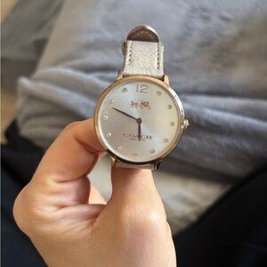 Coach Silver-Tone Crystal Dial Leather Strap Watch